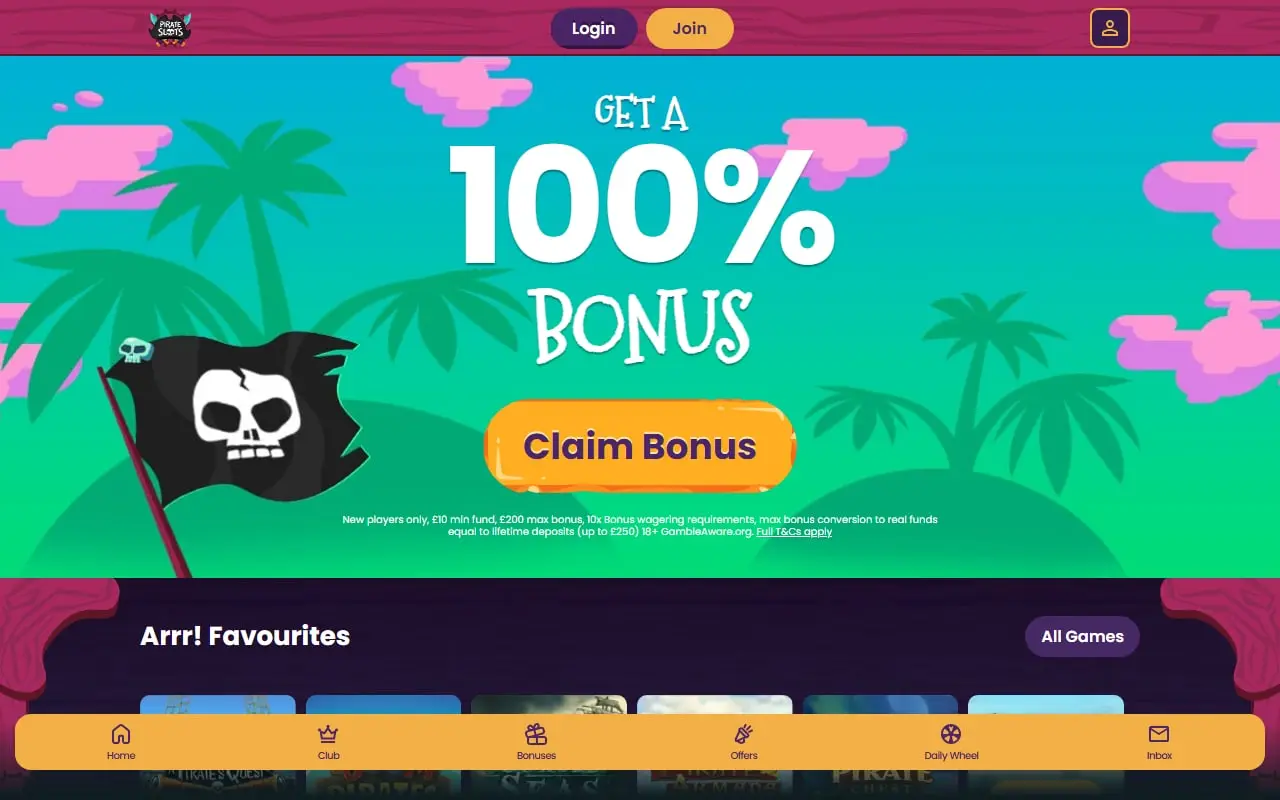 Current Pirate Slots homepage showing its matched bonus