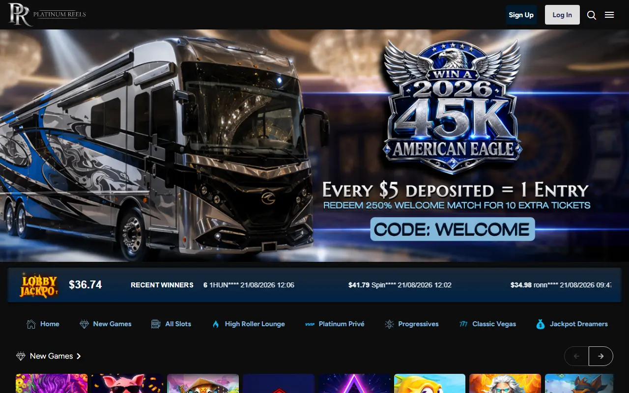 Platinum Reels Casino homepage promotion and game lobby