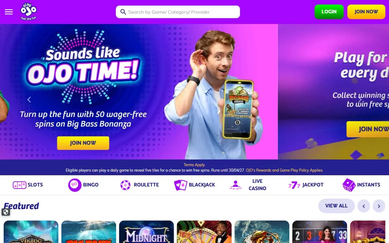 PlayOJO homepage August 2026 PlayOJO homepage showing the current welcome offer