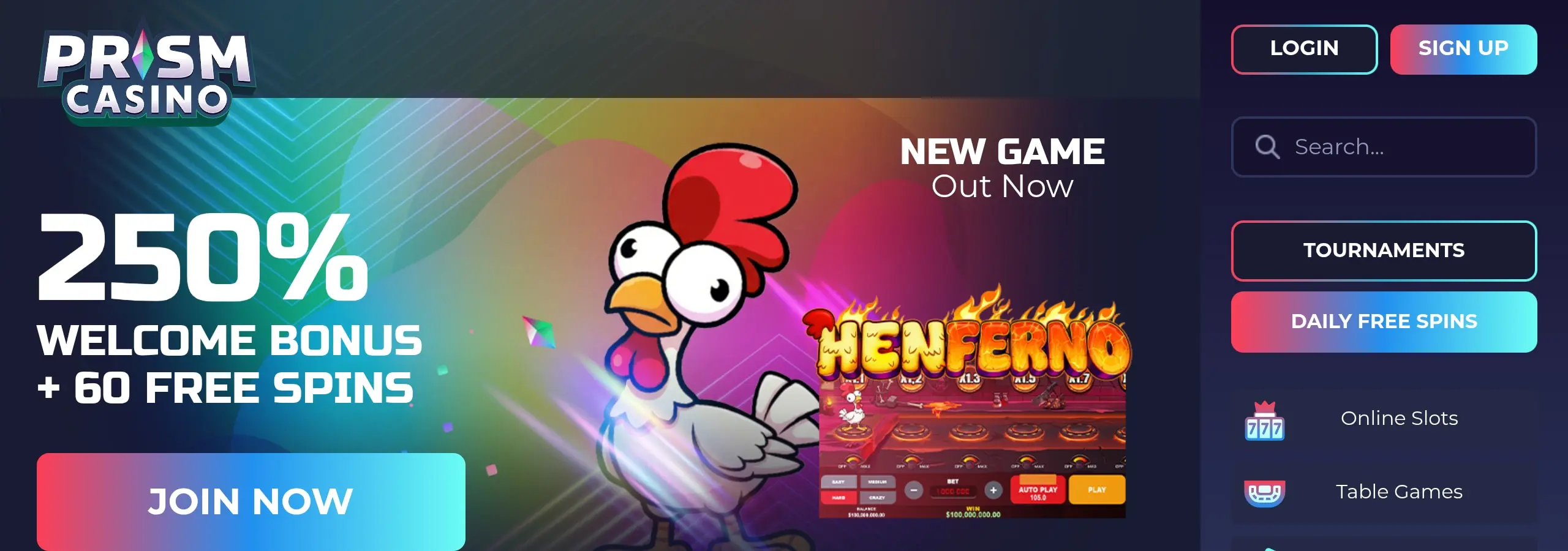 Prism Casino homepage showing the 250% welcome bonus and 60 free spins