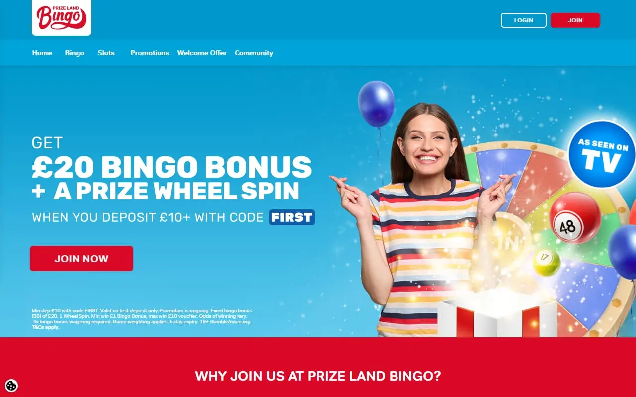 Prize Land Bingo current homepage and welcome offer