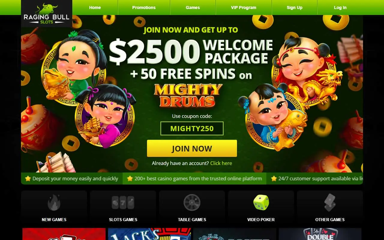 Raging Bull Slots homepage showing its welcome package and game categories