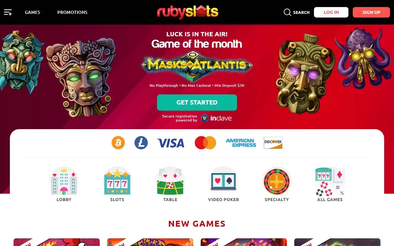 Ruby Slots homepage showing the game of the month promotion and casino navigation
