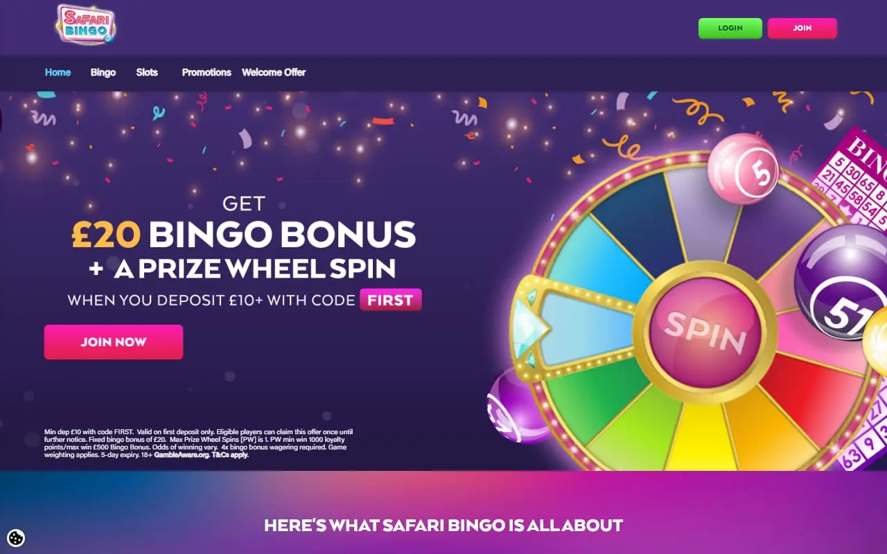 Safari Bingo current homepage and welcome offer