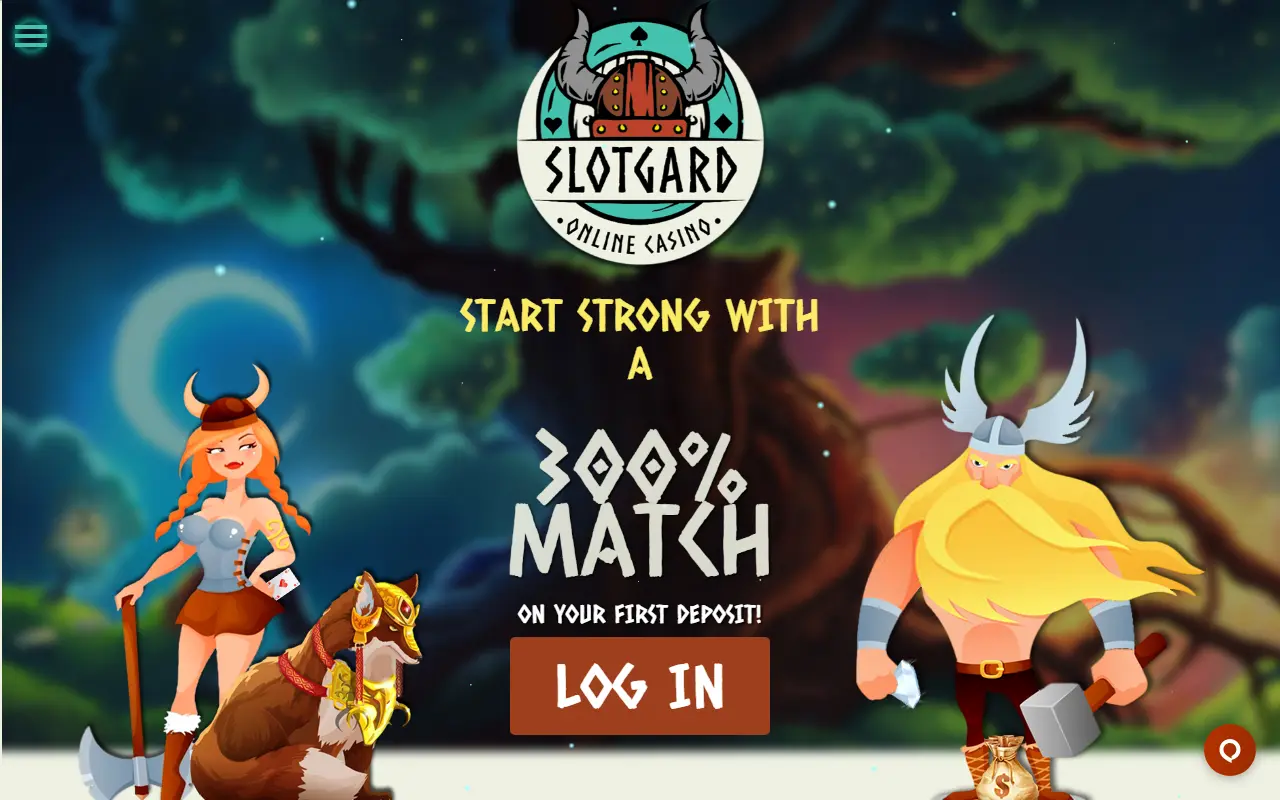 Slotgard Casino homepage showing a 300% first deposit match