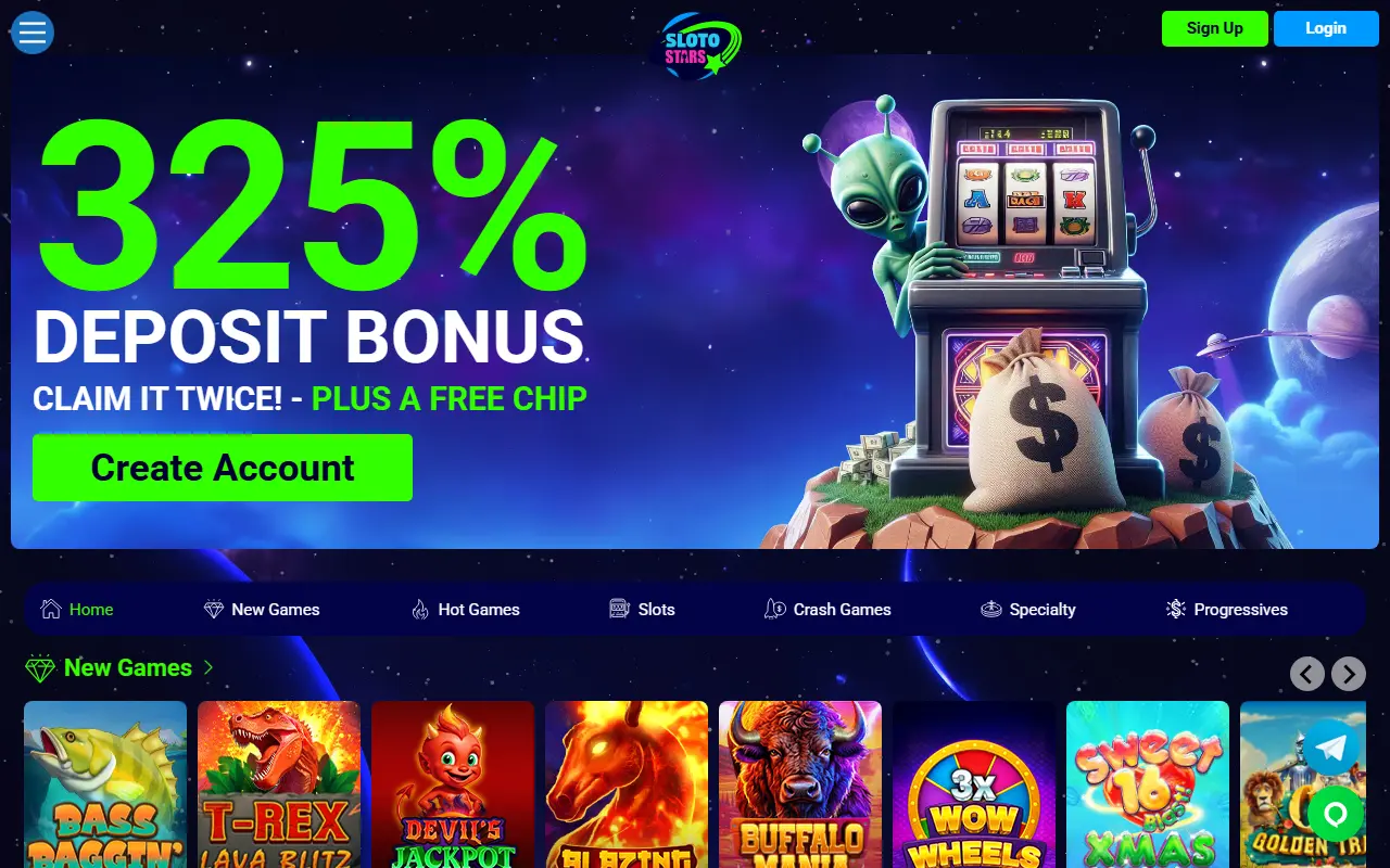Sloto Stars Casino homepage showing a 325% deposit bonus