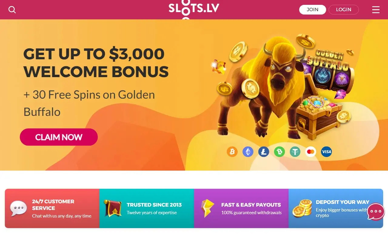 Slots.lv homepage showing its welcome offer and payment options