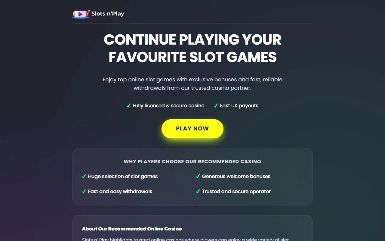 Slots n'Play current landing page directing visitors to a recommended casino partner