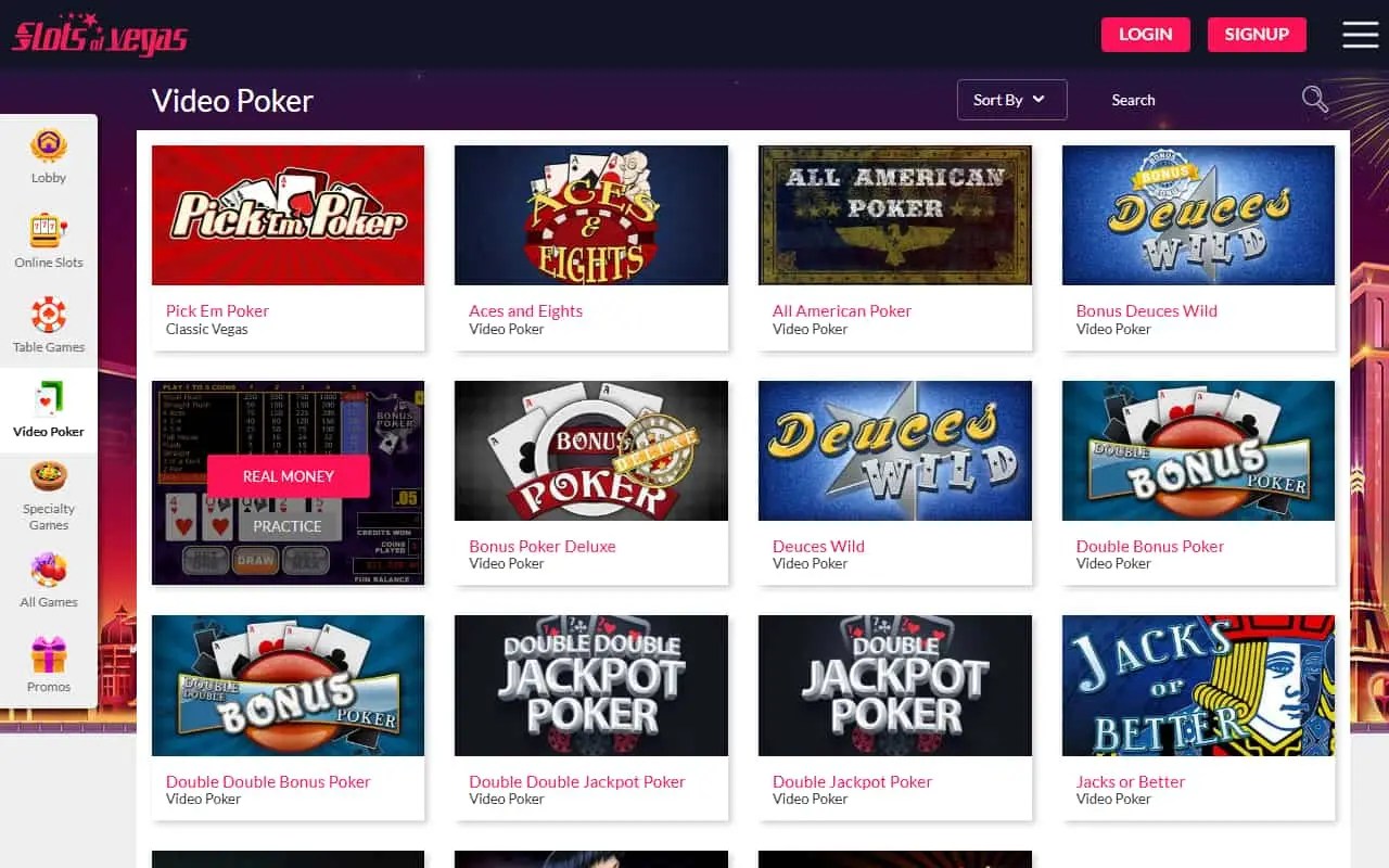 Slots of Vegas homepage game lobby open to the video poker category
