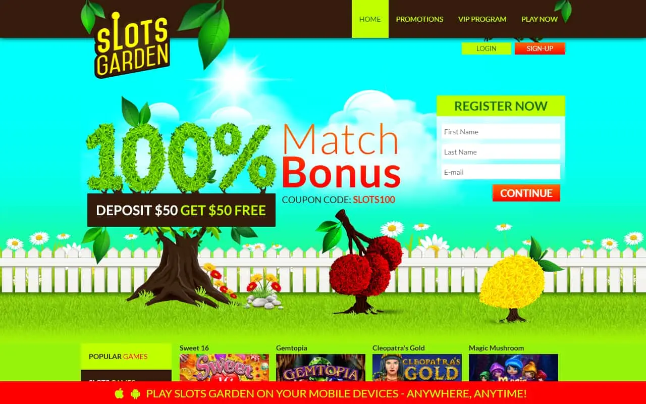 Slots Garden Homepage Slots Garden homepage screenshot