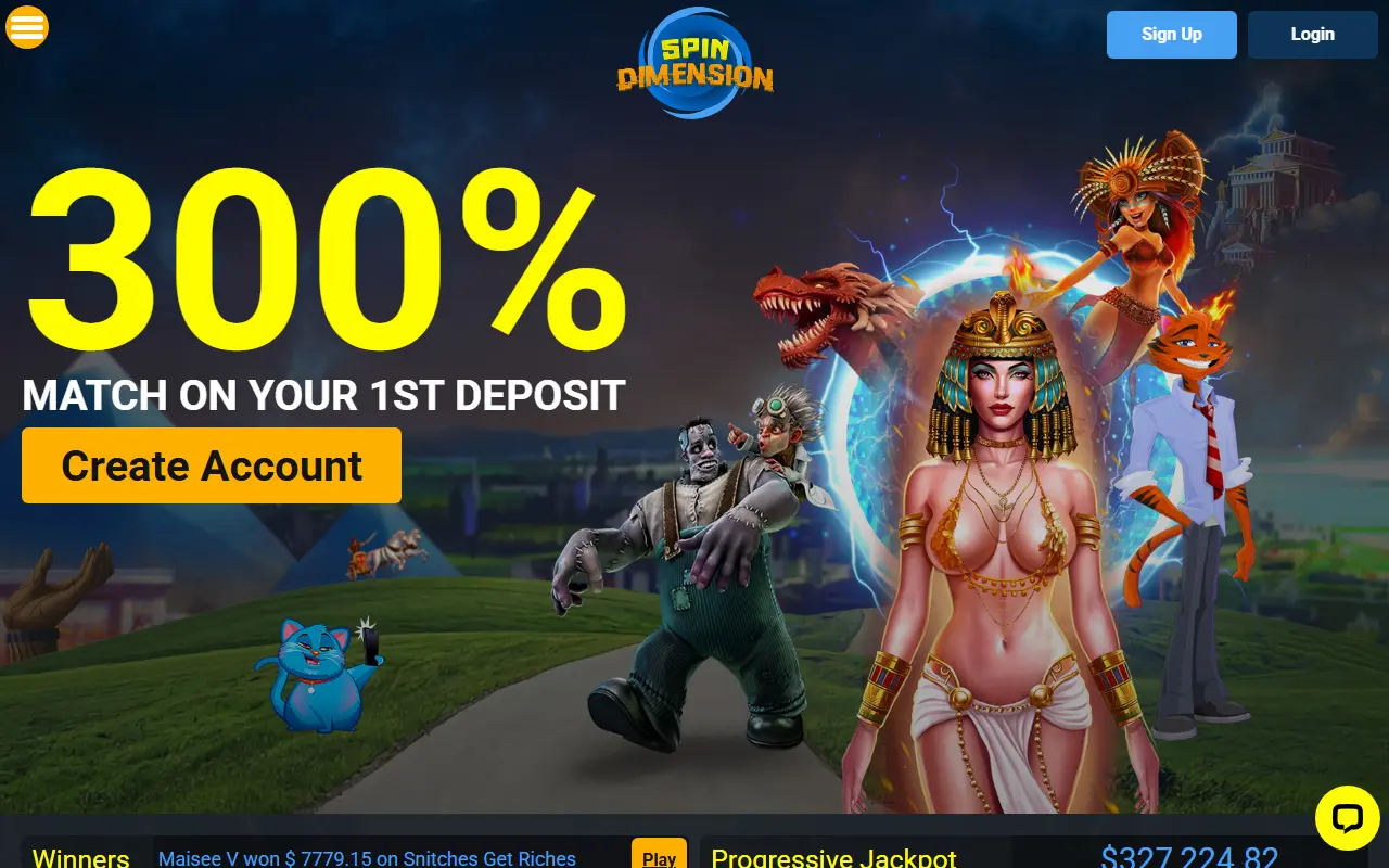 Spin Dimension Casino homepage showing a 300% first deposit match