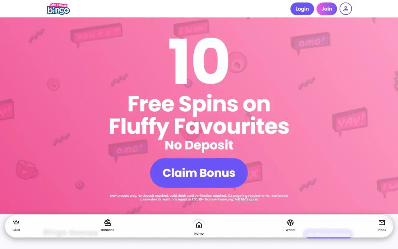 Current Take a Break Bingo homepage showing its August 2026 welcome offer