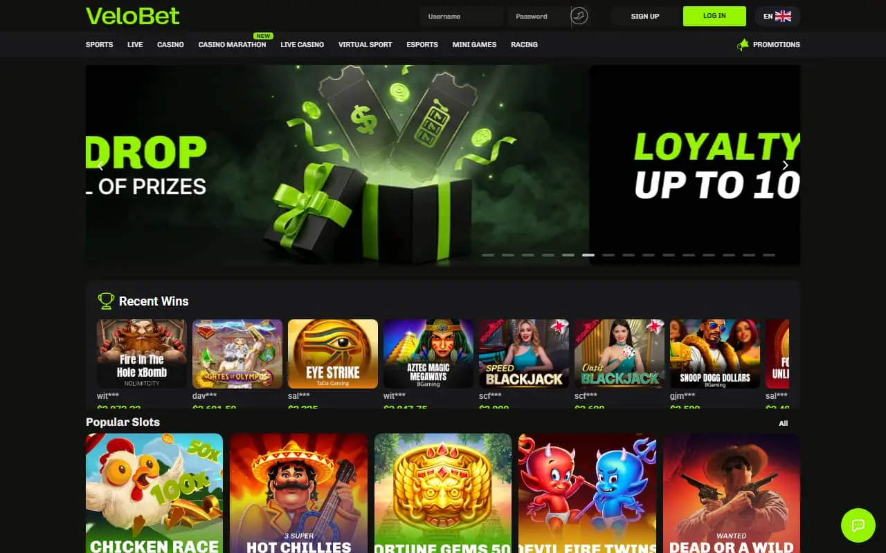 Velobet Homepage Velobet homepage screenshot