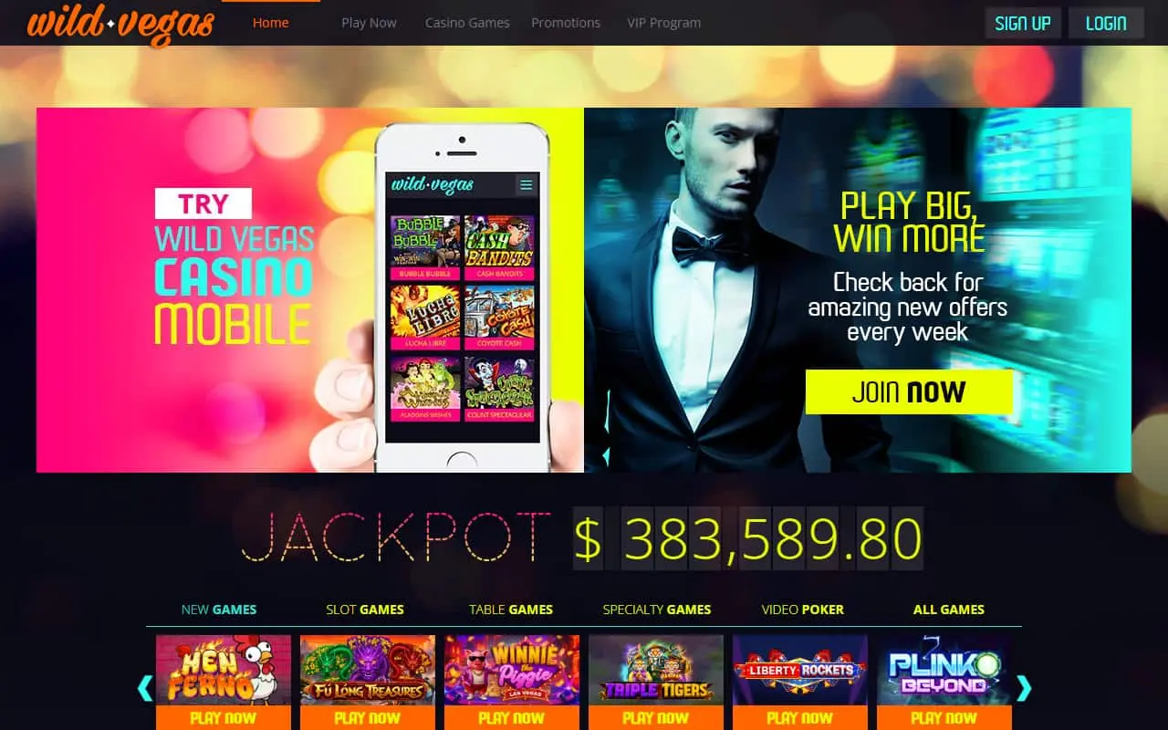 Wild Vegas Casino homepage showing its mobile casino banner and game carousel