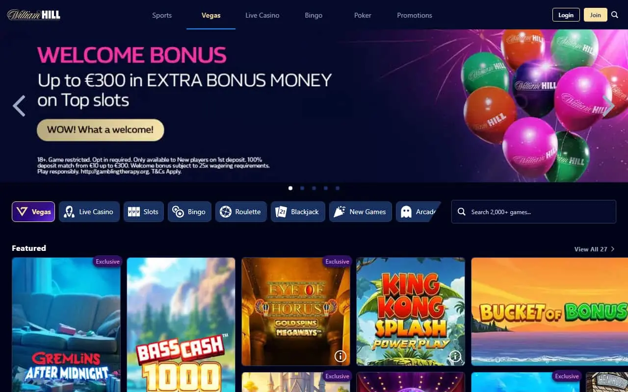 William Hill Vegas Homepage August 2026 Current William Hill Vegas brand homepage and games lobby