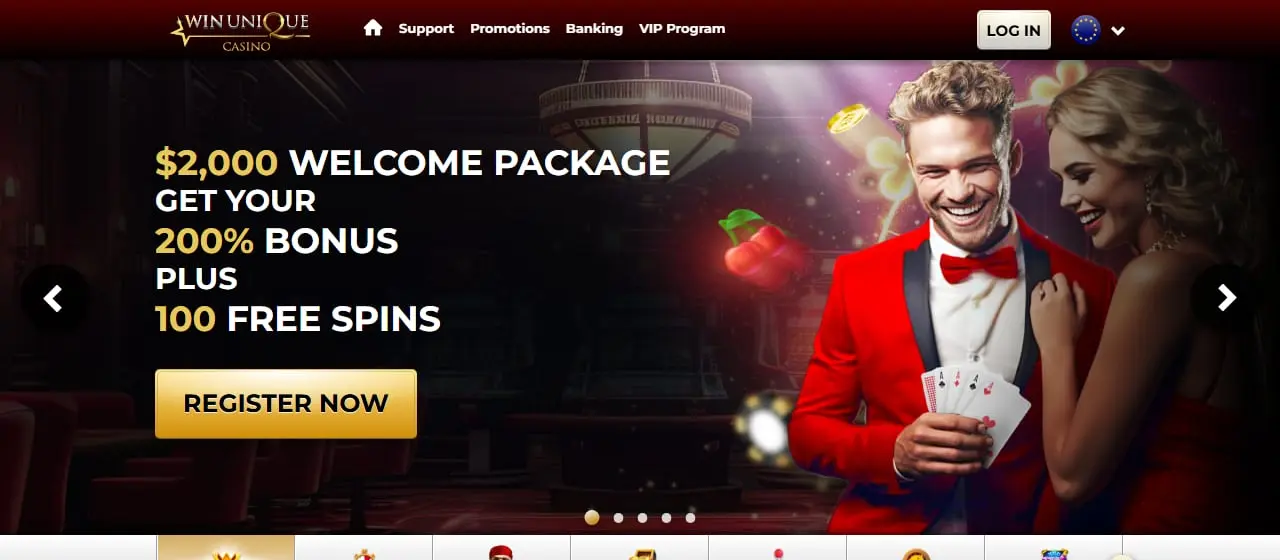 Win Unique Casino Homepage Win Unique Casino homepage showing the 2,000 dollar welcome package with 200% bonus and 100 free spins