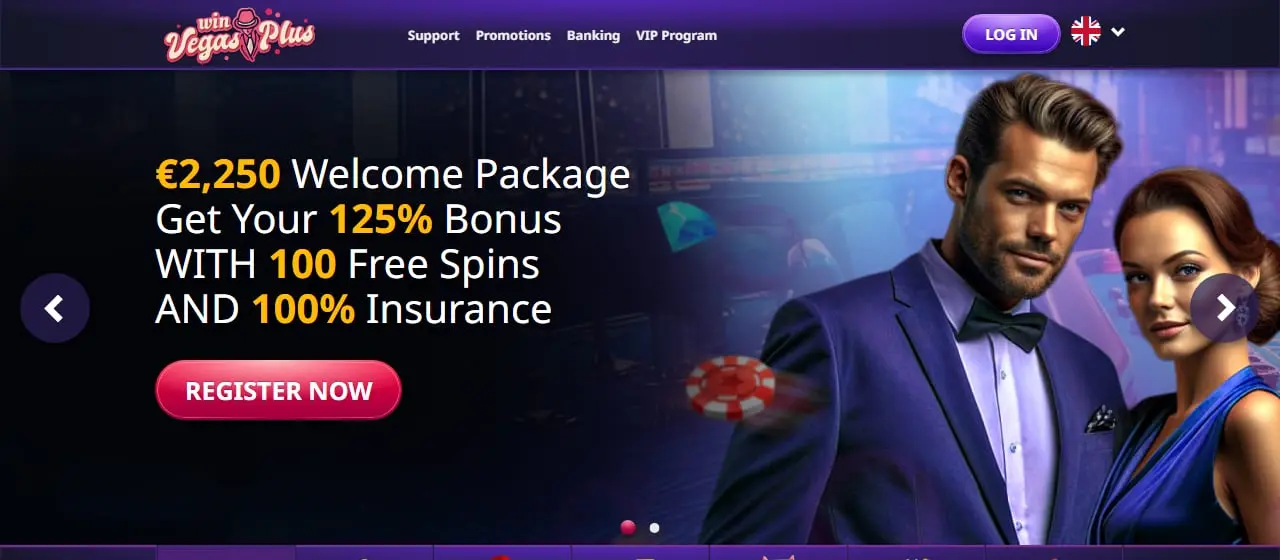 WinVegasPlus Casino Homepage WinVegasPlus homepage showing the EUR 2,250 welcome package with 125% bonus and 100 free spins