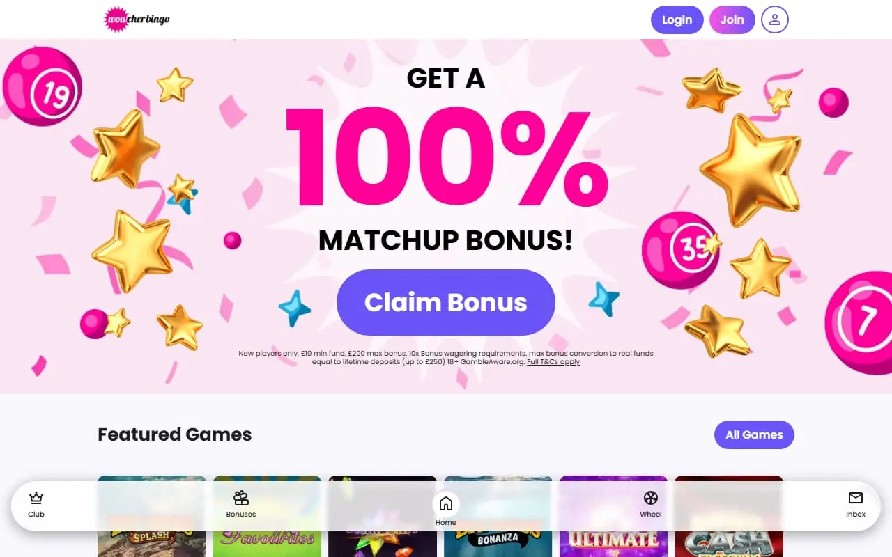 Current Wowcher Bingo homepage showing its August 2026 welcome offer
