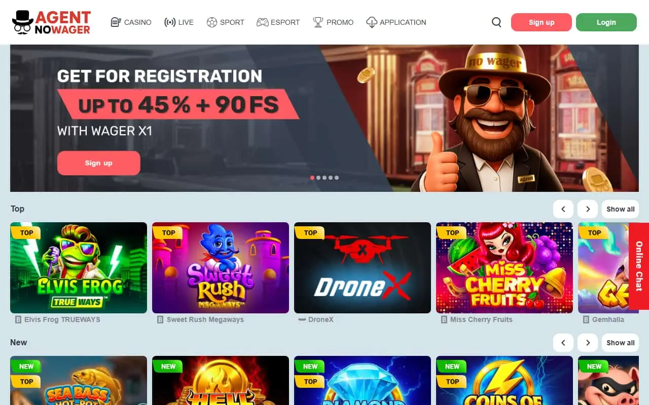 Agent noWager Casino homepage showing the registration offer and current game lobby