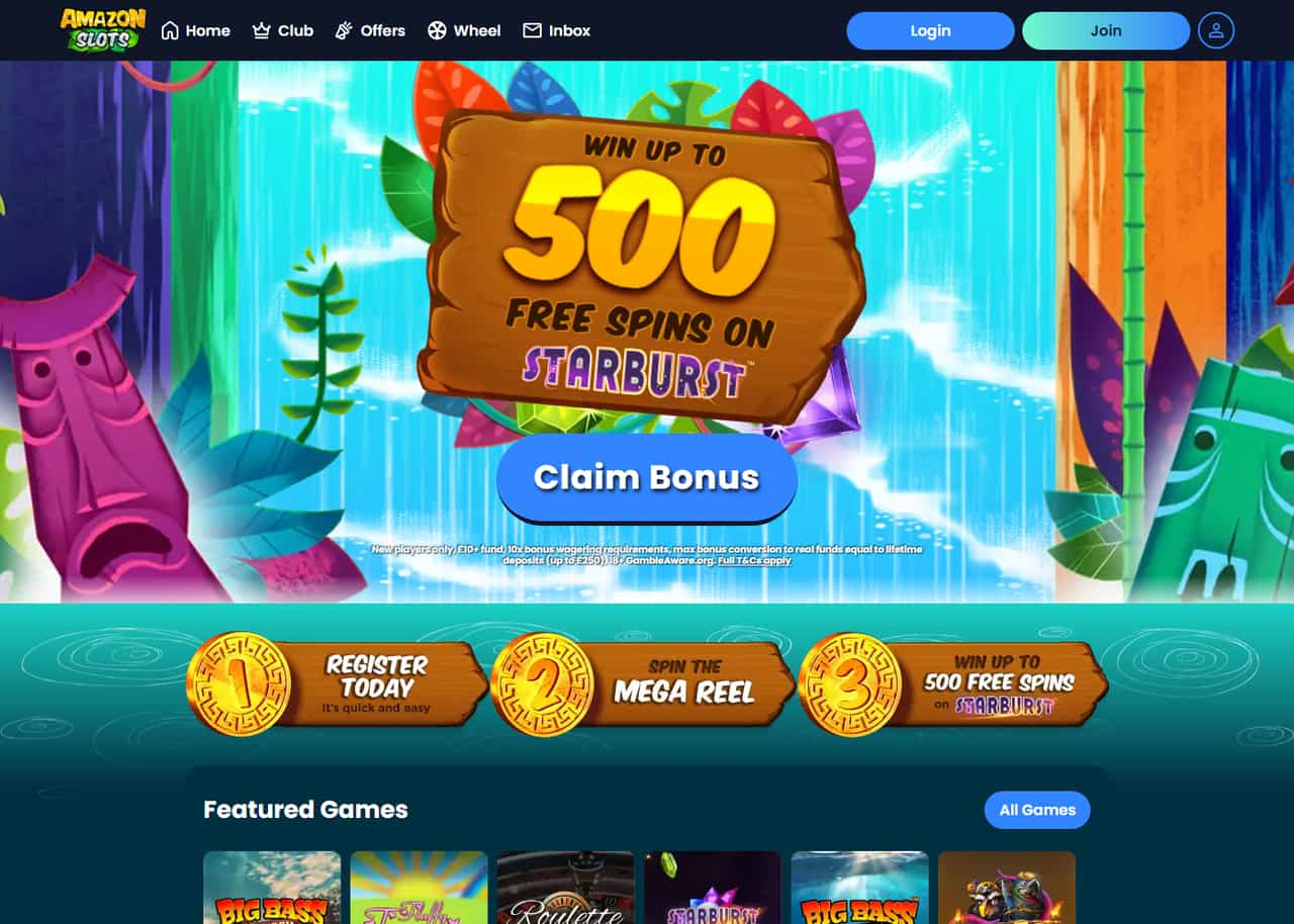 Amazon Slots homepage — September 2026 Amazon Slots homepage showing its welcome offer and casino games in September 2026