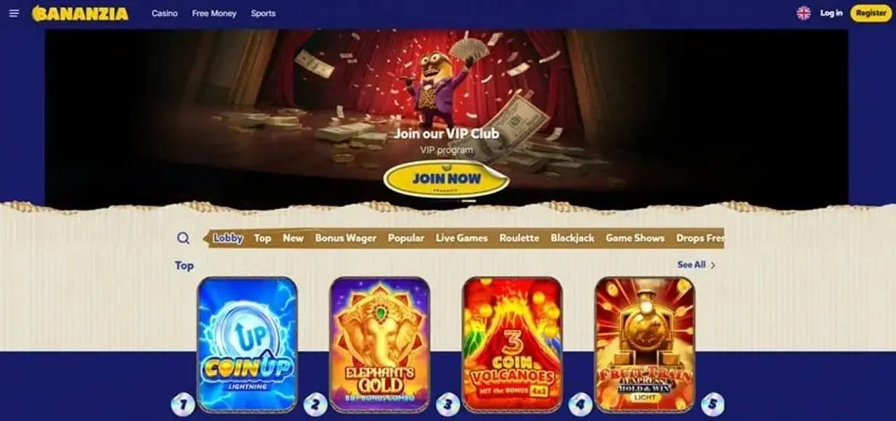 Bananzia Casino homepage layout and navigation in the retained screenshot