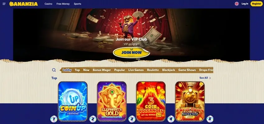 Bananzia Casino Homepage 2026 Bananzia Casino homepage showing its VIP banner and casino game lobby