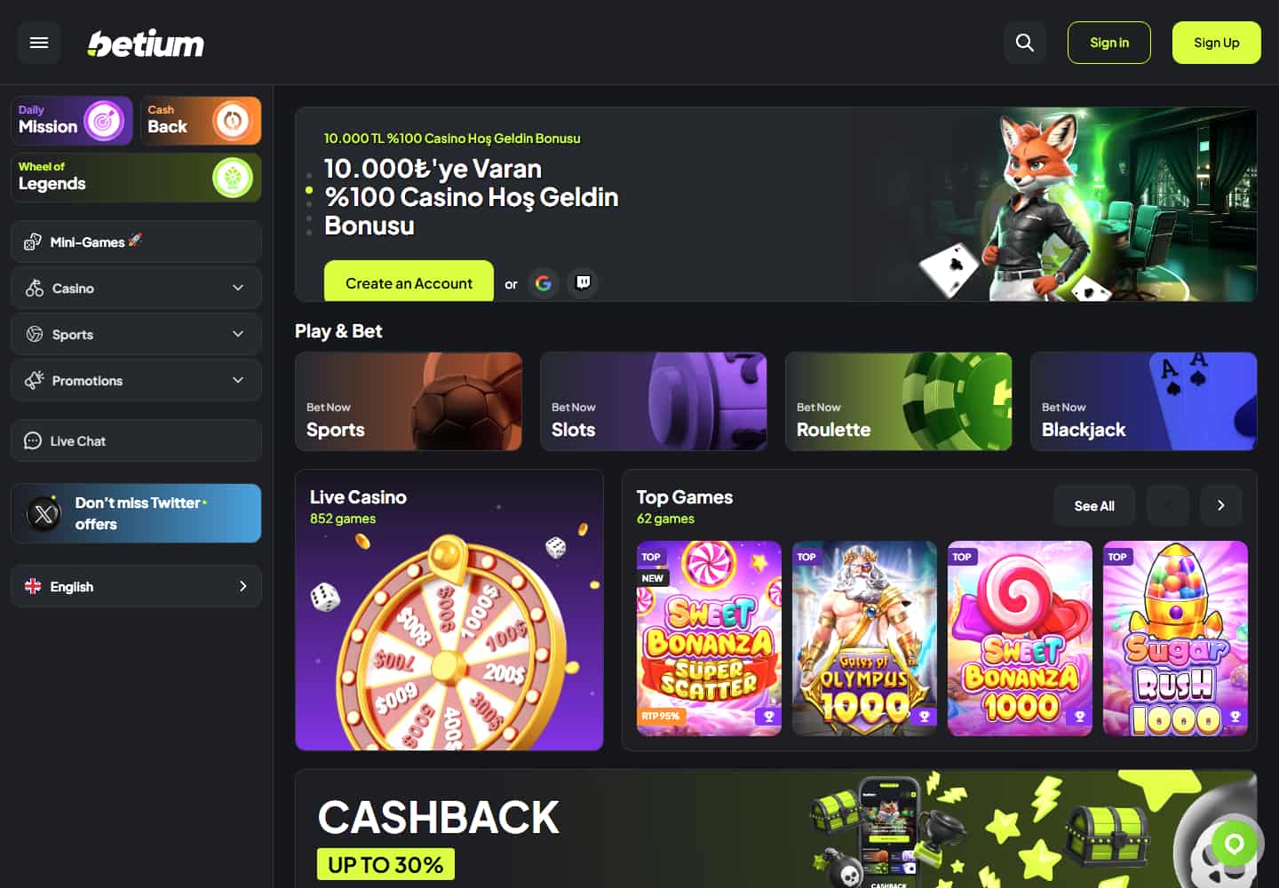 Betium homepage showing its navigation, promotion panel and casino lobby