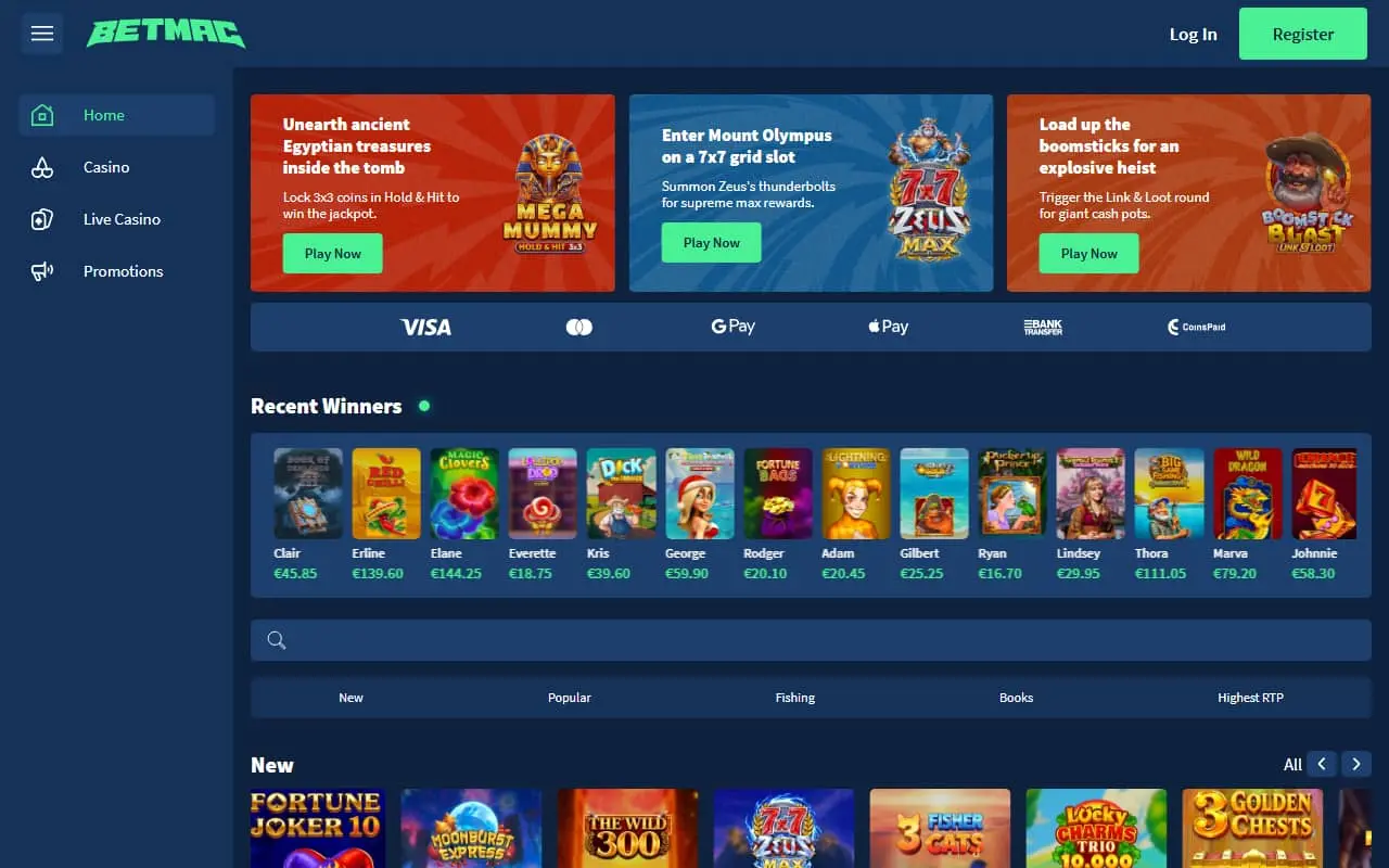 Betmac Casino homepage showing its navigation, games and payment logos