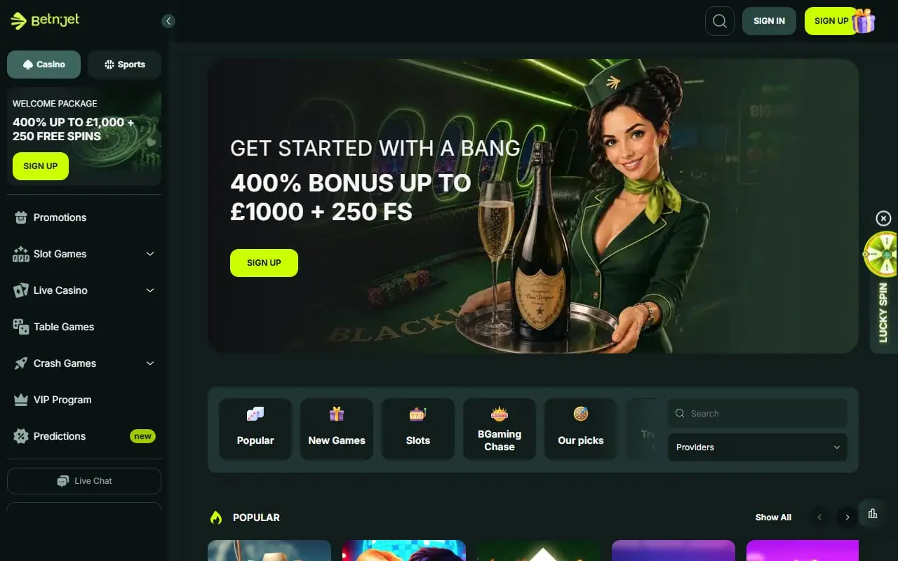 BetNjet homepage showing casino navigation and its three-deposit welcome package