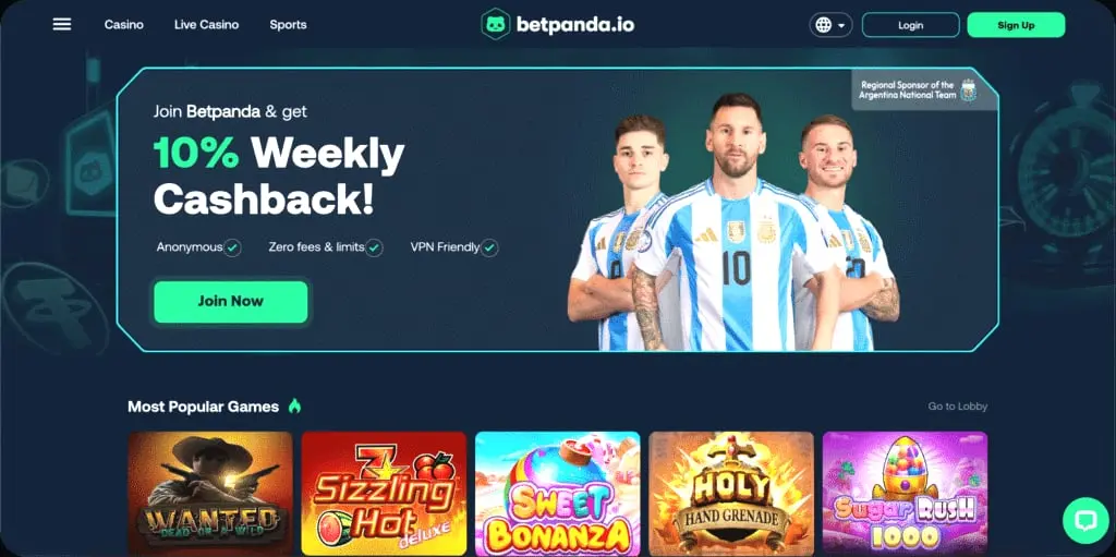 BetPanda casino homepage with casino, live casino and sports navigation