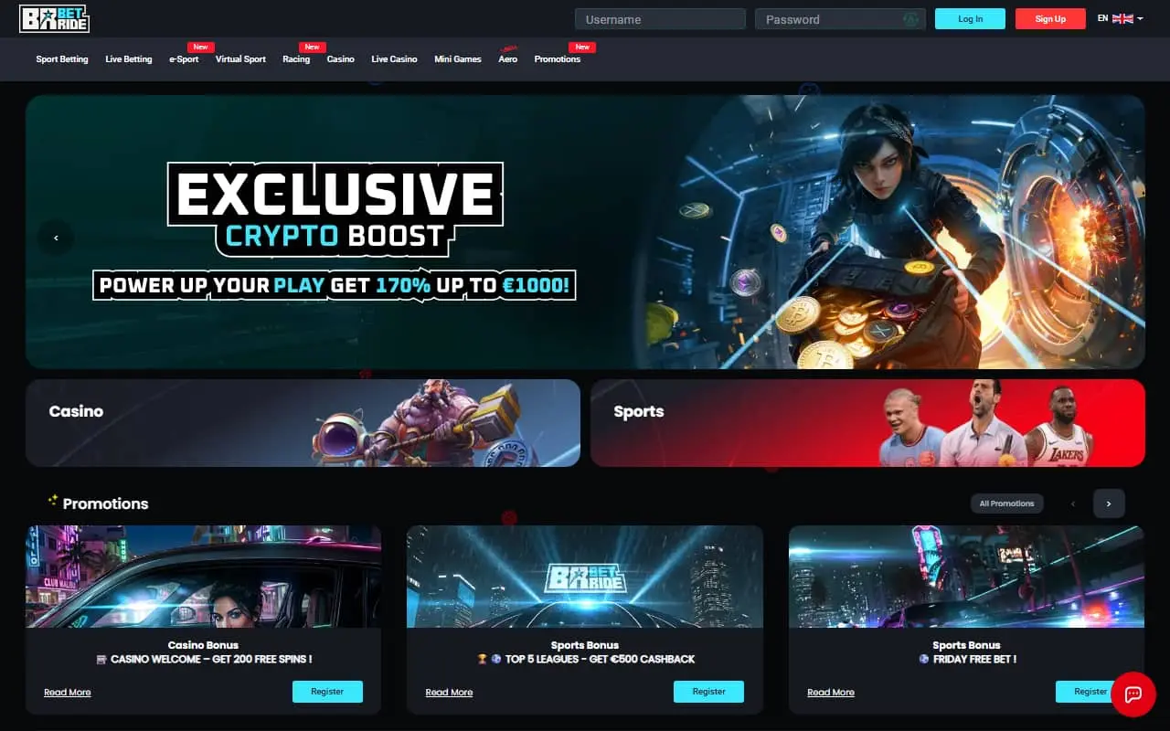BetRide Casino homepage with its crypto bonus banner, casino and sports navigation, and promotion cards