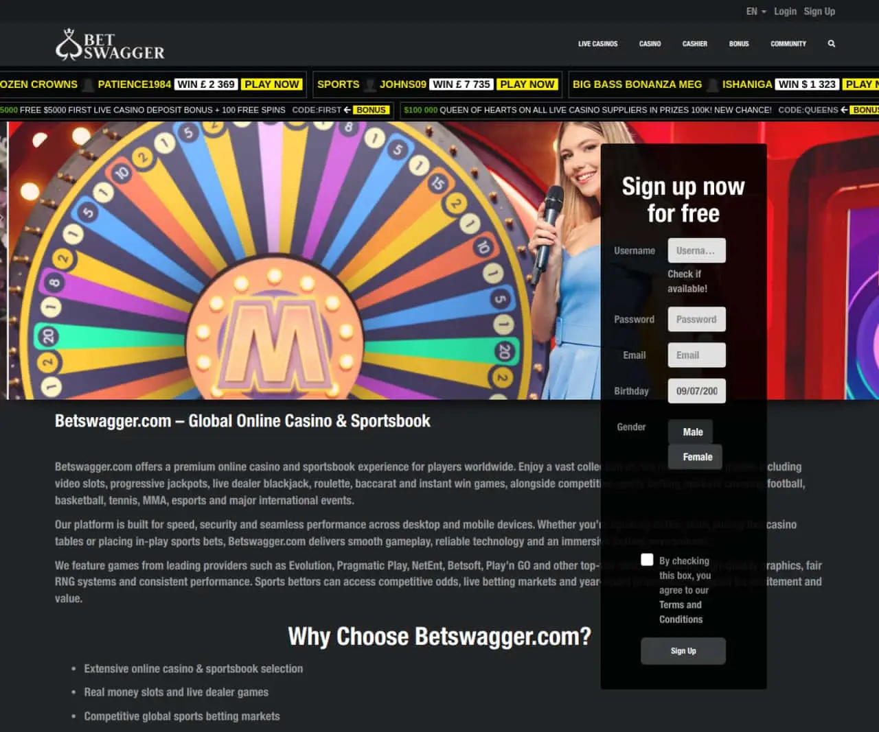 BetSwagger Casino homepage with its live game-show banner, navigation and registration panel