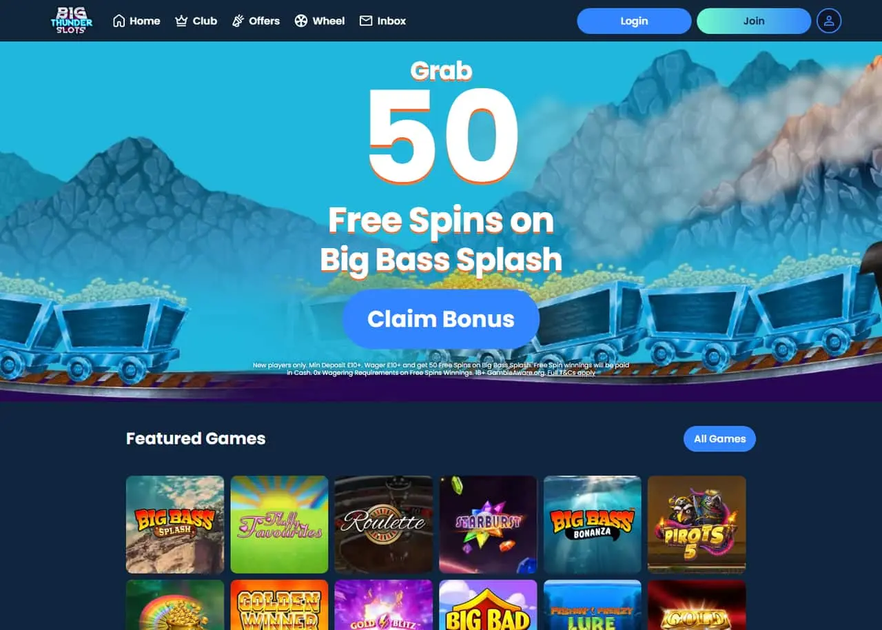 Big Thunder Slots homepage — September 2026 Big Thunder Slots homepage showing its welcome offer and casino games in September 2026