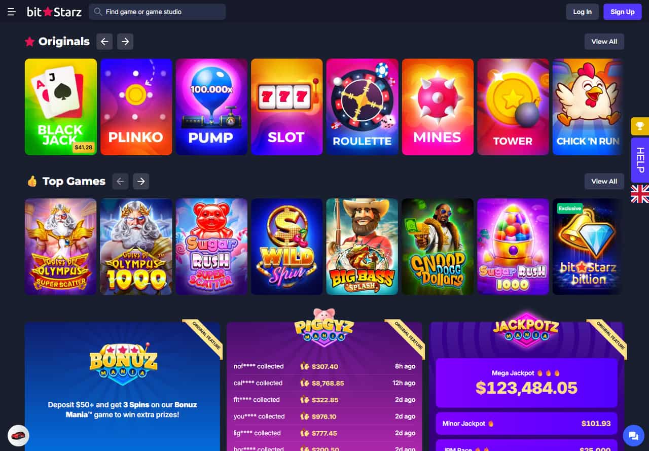 BitStarz homepage showing Originals and featured slot games, September 2026