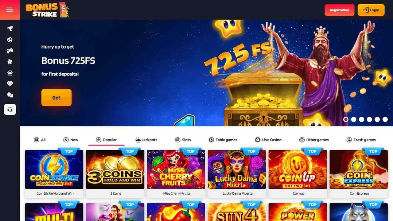 Bonus Strike Casino homepage with its first-deposit banner, game categories and loaded slot tiles