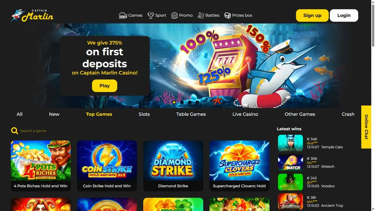 Captain Marlin Casino homepage illustration with its marlin mascot, game categories and loaded slot tiles