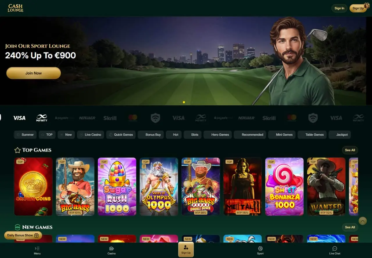 Cash Lounge homepage showing its promotional carousel, game categories and loaded slot tiles