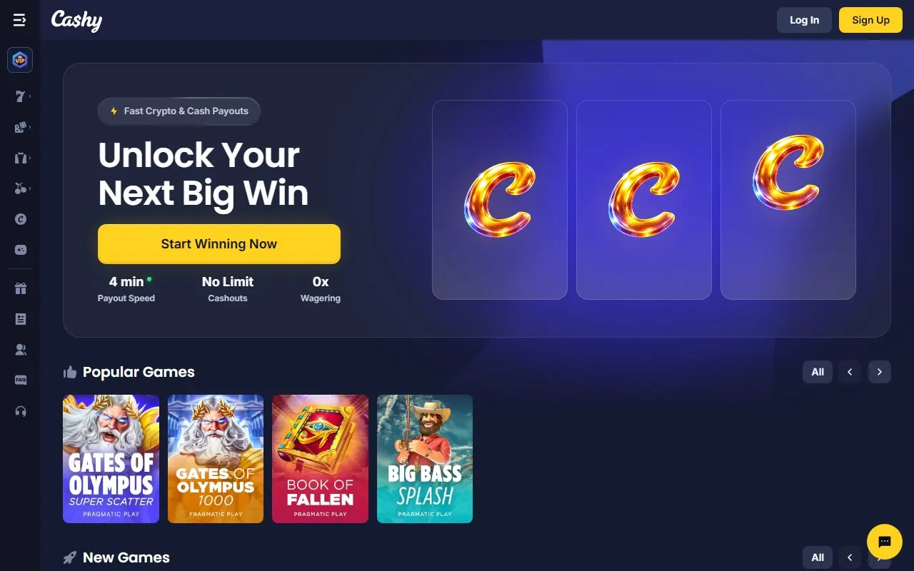 Cashy Casino homepage showing its fast payout, no limit and zero wagering claims