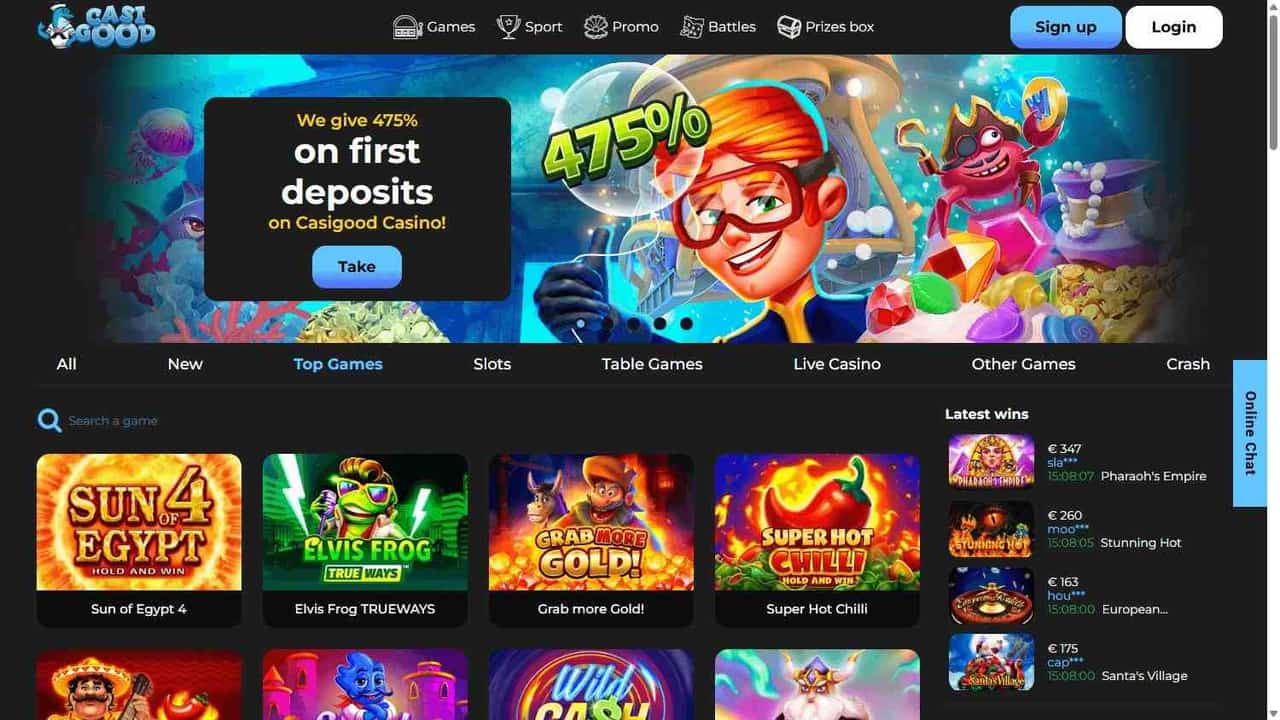CasiGood Casino homepage illustration with its underwater banner and game categories