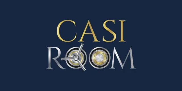 Casiroom Casino wordmark with gold lettering and a silver safe-door motif