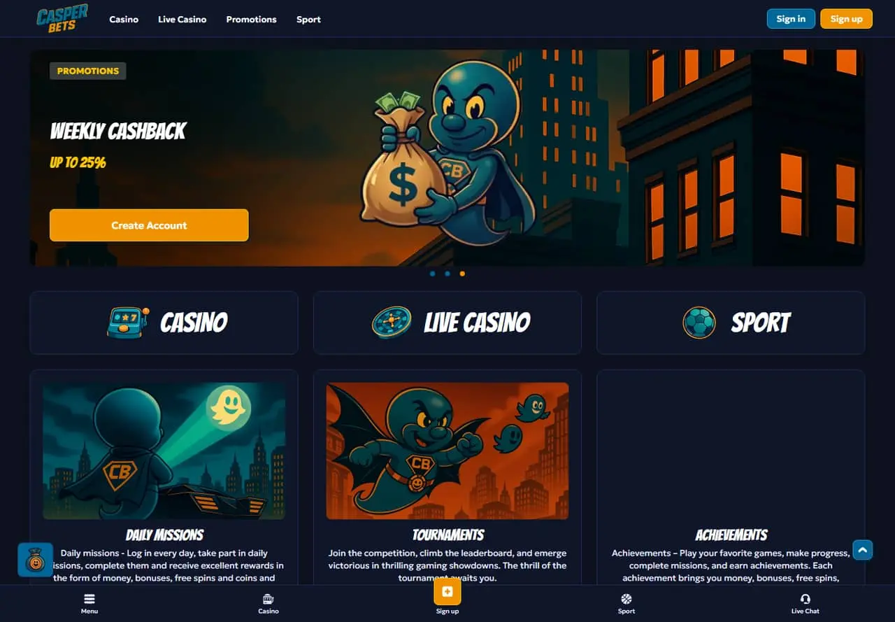 Casper Bets homepage showing its cashback banner and casino, live casino and sports navigation