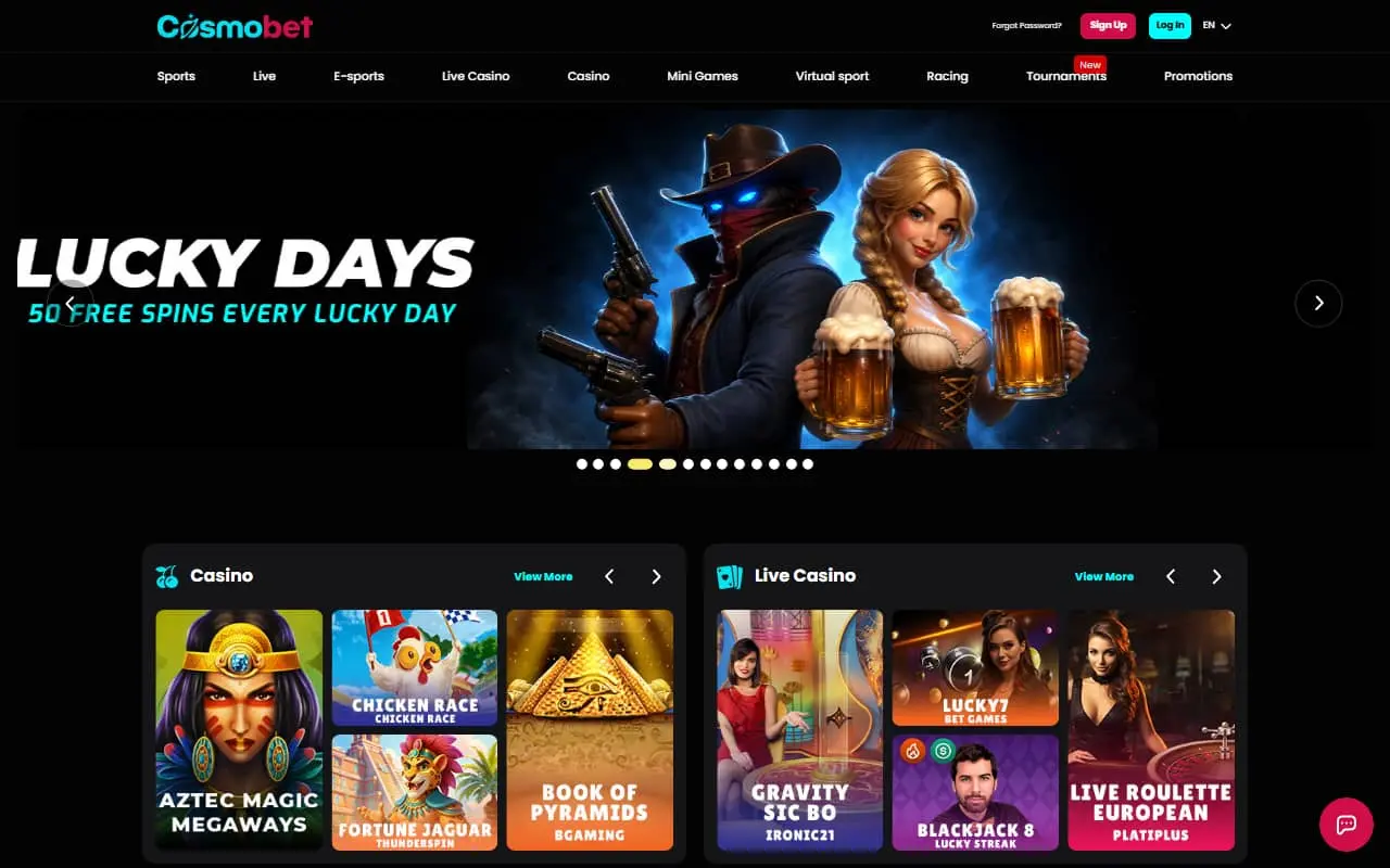 Cosmobet homepage showing its Lucky Days banner and casino lobby