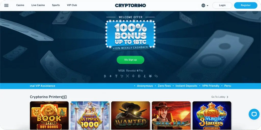 Cryptorino casino homepage with welcome offer and games