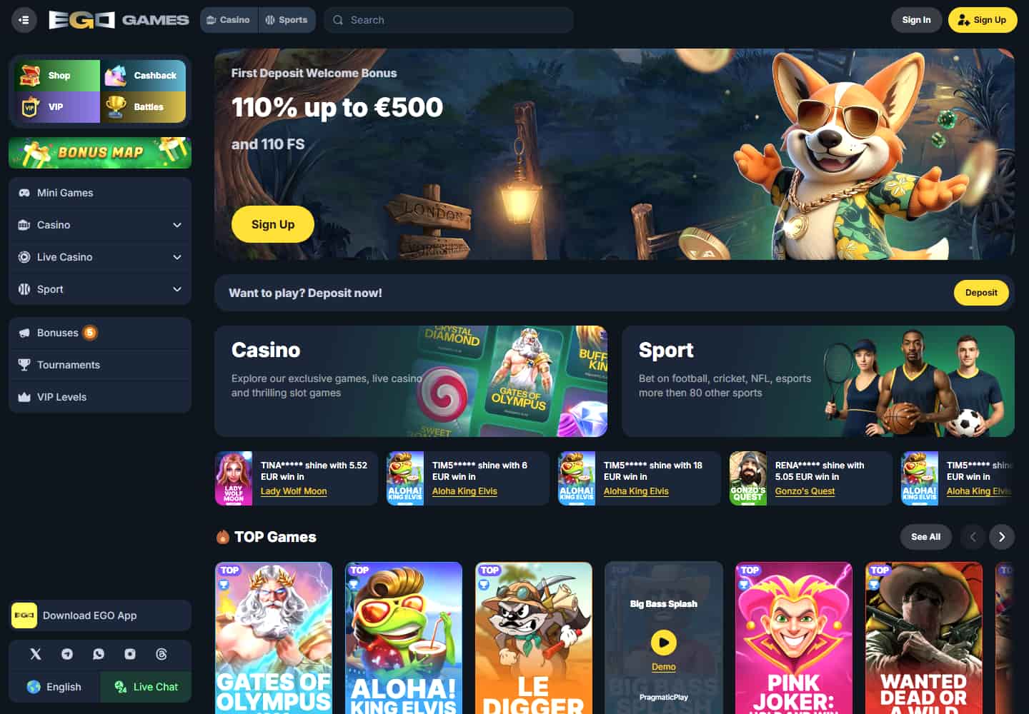 EgoGames homepage showing its navigation, promotion panel and casino lobby