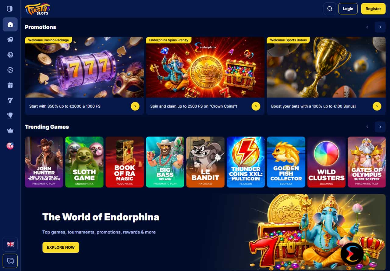 Fiesta Slots homepage with its welcome promotion and slot game catalogue