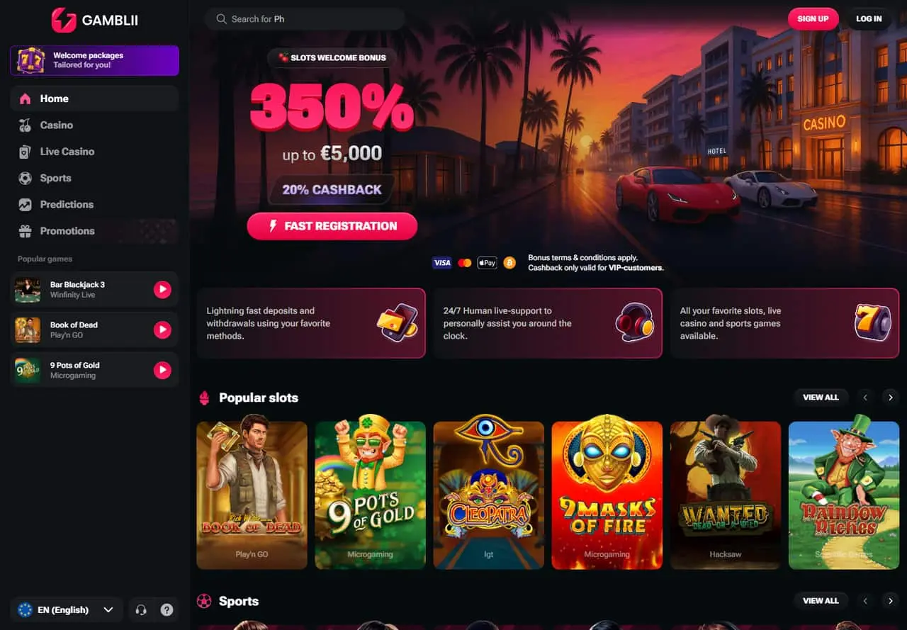 Gamblii homepage with casino navigation, welcome package and visible game cards