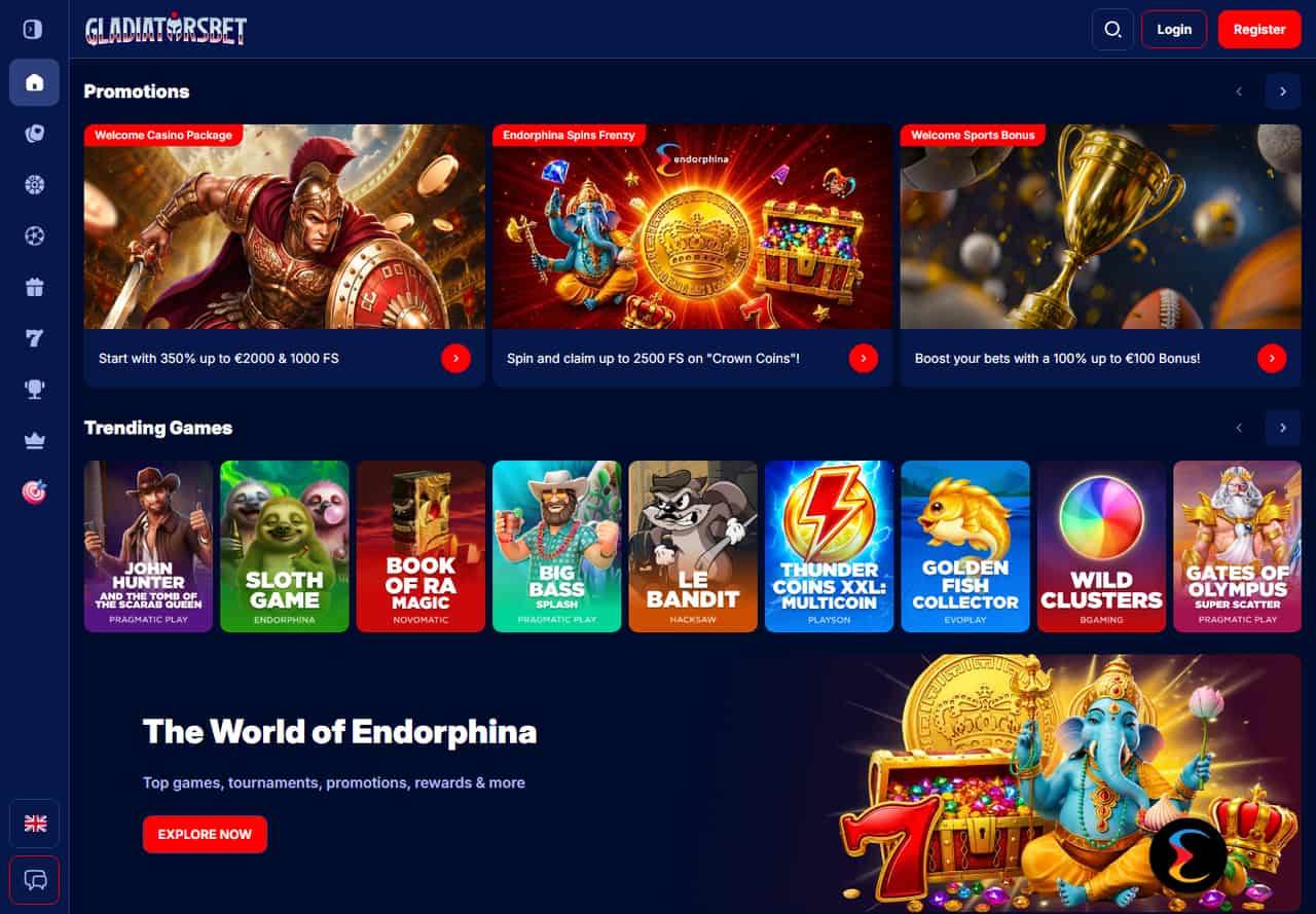 Gladiatorsbet homepage with its welcome promotion and slot game catalogue