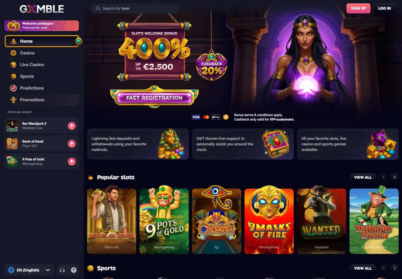 Gxmble homepage with casino navigation, welcome package and visible game cards