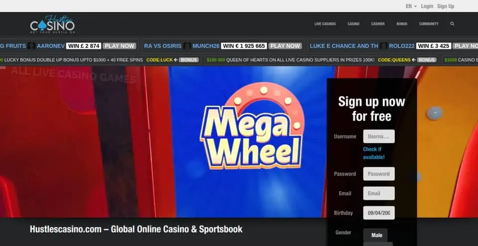 Hustles Casino homepage showing its casino navigation and Mega Wheel promotion