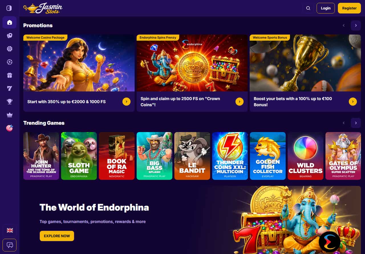 Jasmin Slots homepage with its welcome promotion and slot game catalogue